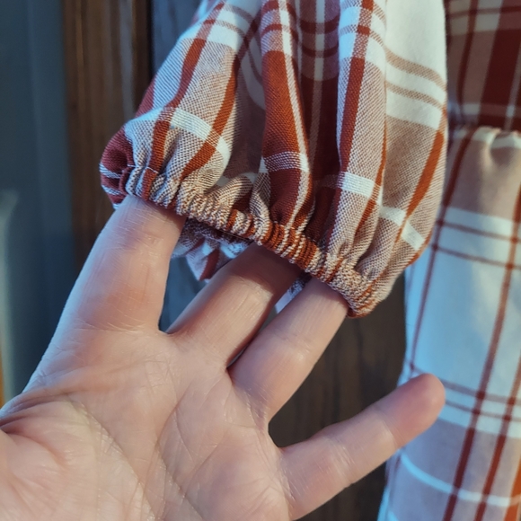 Monteau Los Angeles Rust White Plaid Mini Dress Small Puff  3/4 Sleeves - Picture 6 of 7